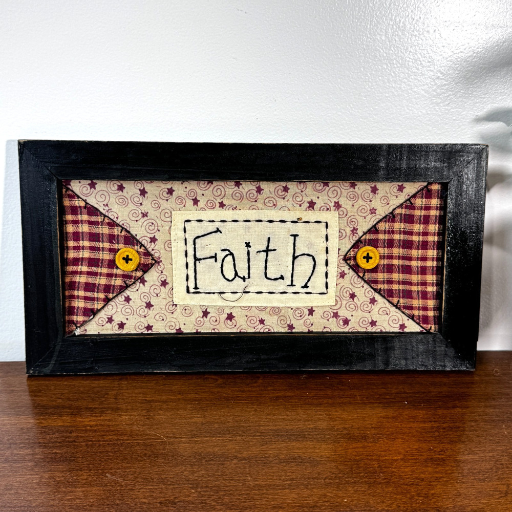 Primitive Faith Sign Quilted Needlepoint Framed 6x12 inches